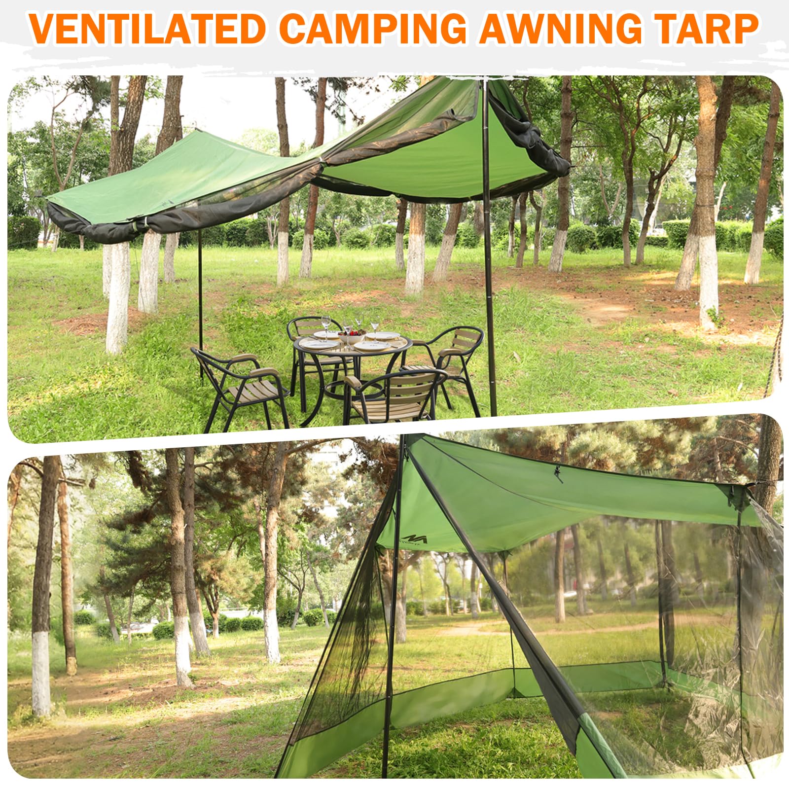 Bâche imperméable avec moustiquaire et barres, 3 x 5 m, ultra légère avec fermeture éclair, sardines, cordes de serrage pour hamacs, jardin, parc, terrasse, pic