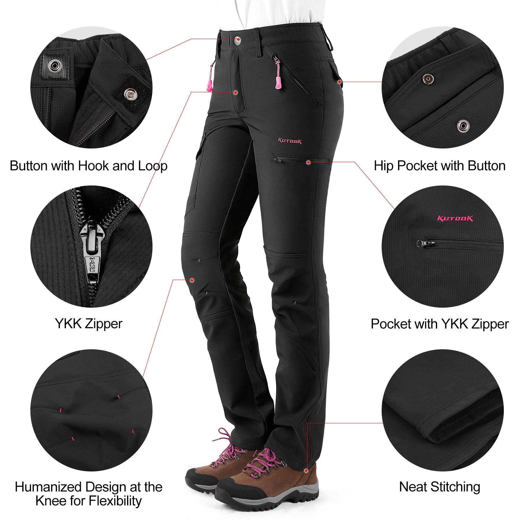 KUTOOK Pantaloni Escursionismo Donna Invernali Pantaloni Hiking Softshell Impermeabile da Arrampicata Trekking Sci Neve Outdoor