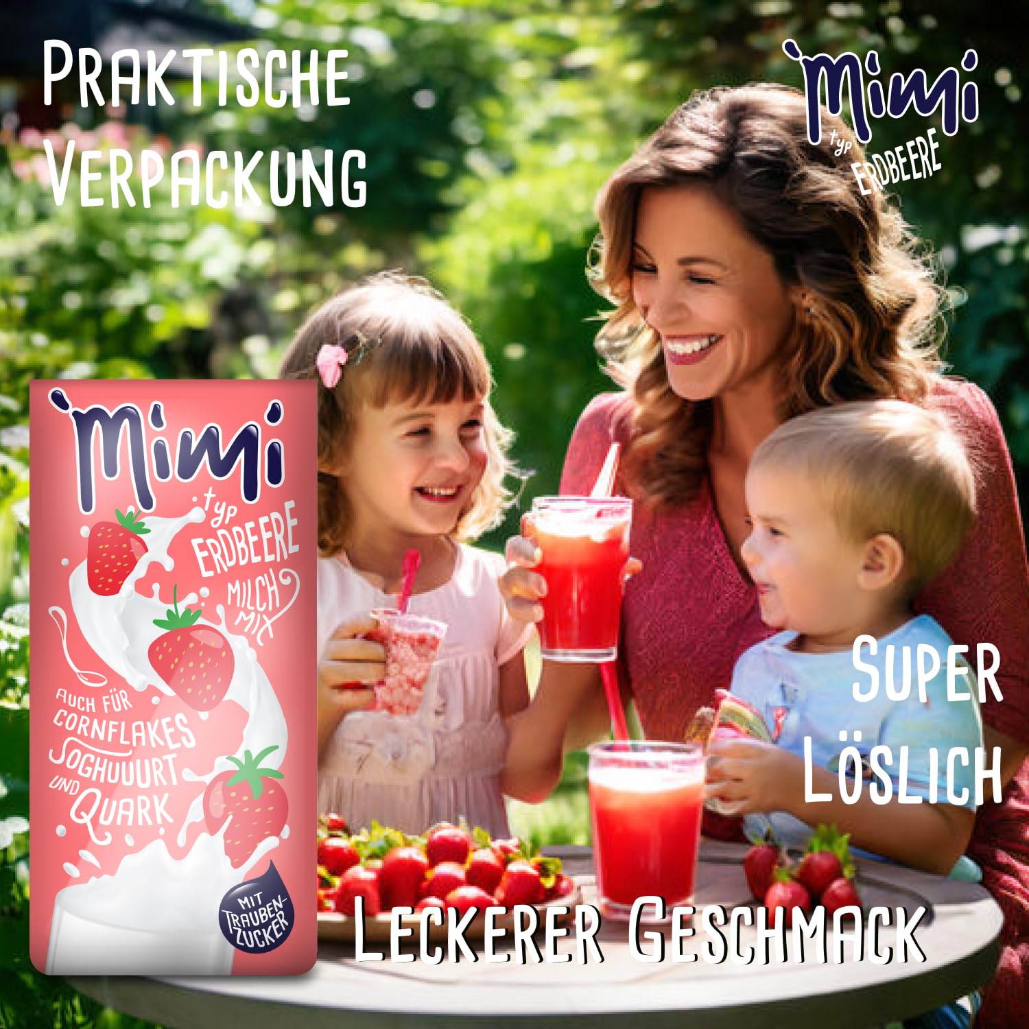 Mimi Milk Mix Fresa Bebida Polvo 12 x 400 g - Pack de Almacenamiento - Polvo de bebida soluble en leche con sabor a fresa - Soluble en frío y caliente - Ideal para ocio, oficina, familia grande