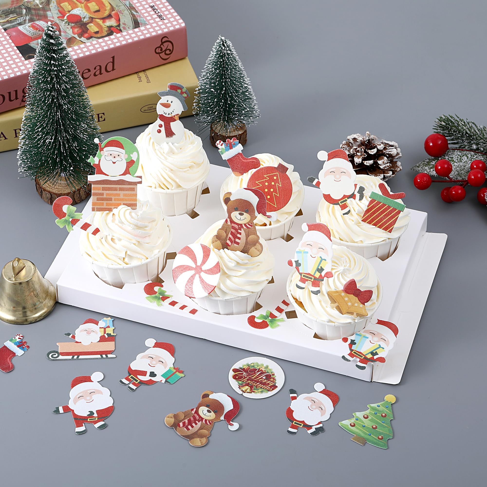 YOcity 60Pcs Edible Christmas Cake Decorations– Wafer Paper Christmas Cupcake Toppers Cartoon figurine ornaments Set,Santa,Reindeer,Snowman Cake Decoration and Xmas Party Miniature Supplies