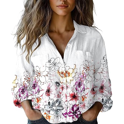 Linen Shirts for Women 2025 Cotton Linen Button Down Shirt Long Sleeve Solid Color Casual Women’s Tops with Pockets