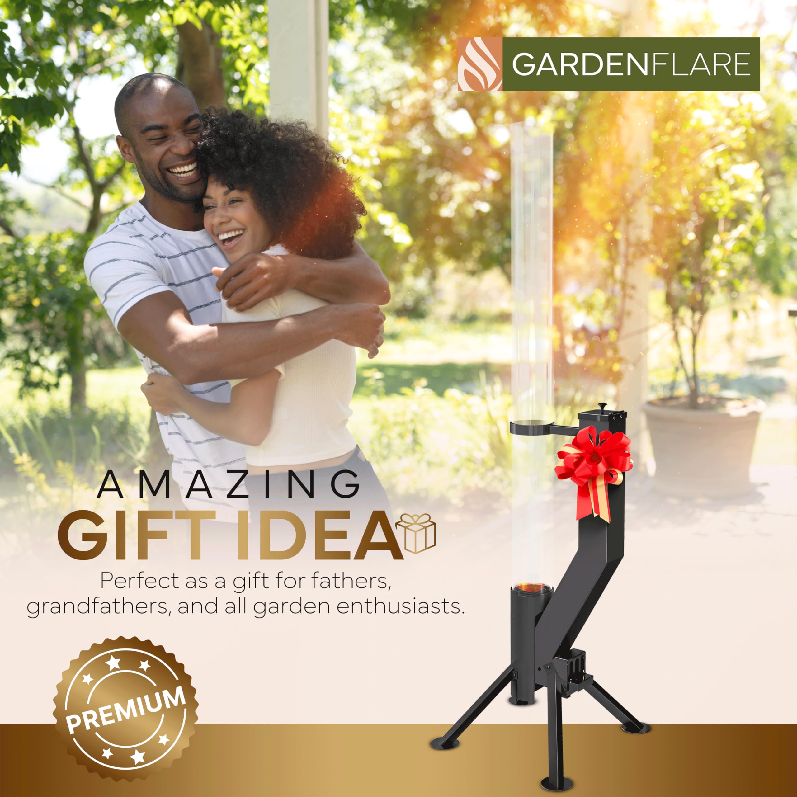 GARDENFLARE Tubo del fuoco di qualità superiore - Grande fiaccola a pellet in acciaio inossidabile con fiamma fino a 1,5 m e spazzola di pulizia inclusa, braciere per giardino e terrazza - Fuoco