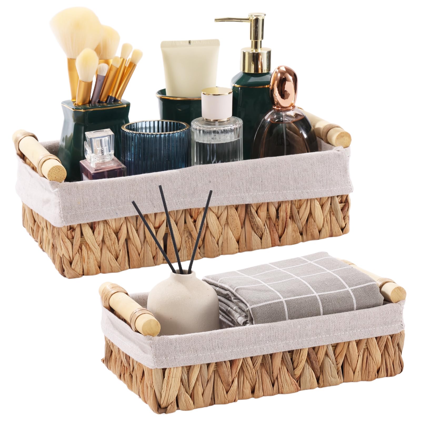 Storage Basket for Organizing, Wicker Baskets for Shelves, Storage Bins for Countertop, Toilet Storage Basket for Toilet Tank Top, with Wooden Handles and Natural Fiber Liner, Set of 2