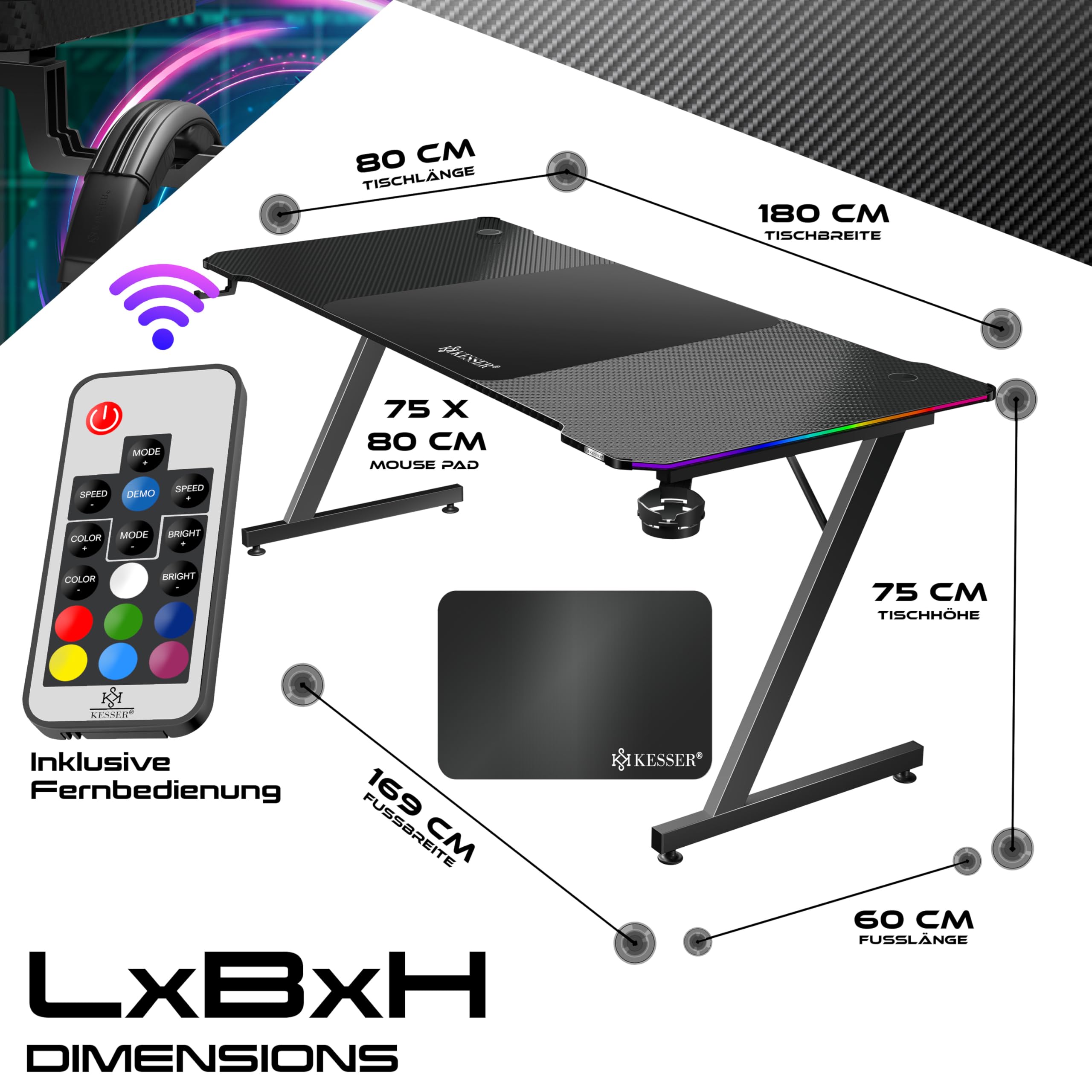 KESSER® Scrivania da Gioco LED - 180 x 80 cm, Scrivania a forma di Z, Gancio per Cuffie e Rivestimento in Carbonio, Ergonomica per PC, con Portabicchieri, Nero Carbonio