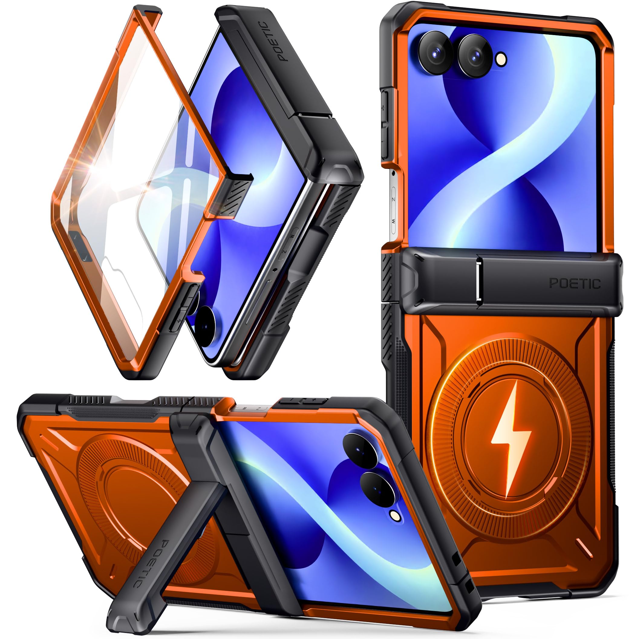 Poetic Spartan - Funda para Samsung Galaxy Z Flip 8, protección de bisagra, compatible con MagSafe, protector de pantalla de vidrio templado, resistente a prueba de golpes, con soporte, color naranja