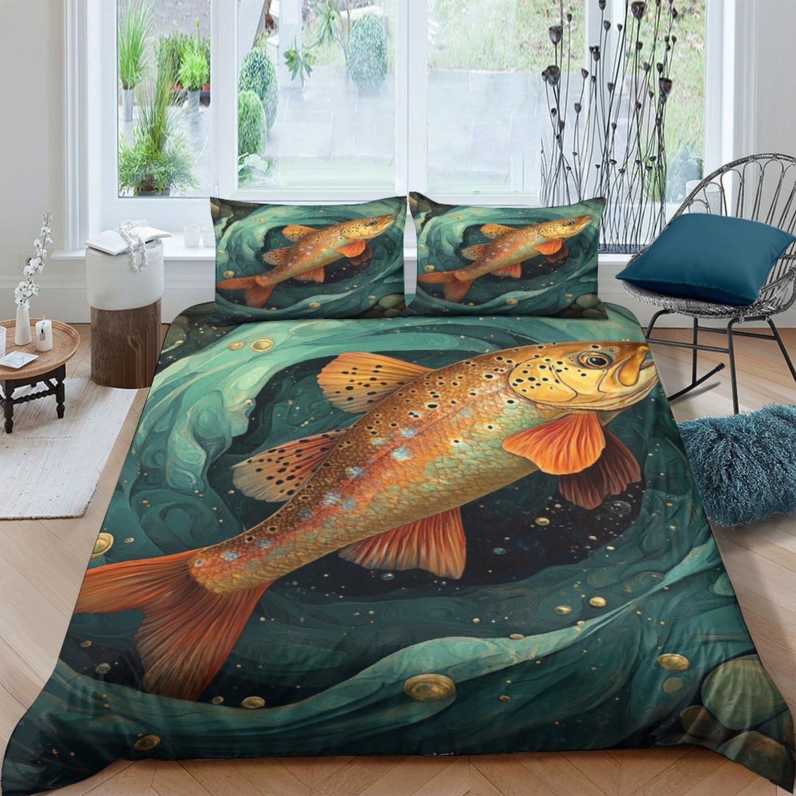 Ctjqhvkz Style-5 3D Printed Golden Fish Fitted Sheet Microfiber Soft Breathable Underwater Stream Bed Cover For Bedroom Guest Room Decor Single（135X200cm）