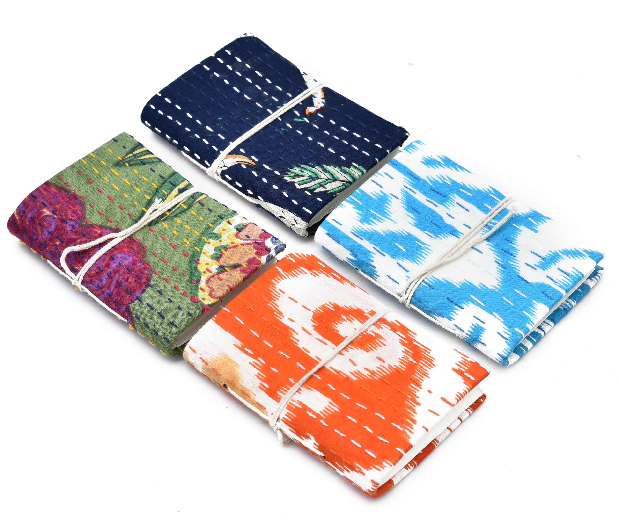 Handmade Kantha Fabric Journals (3” x 4”) | Softbound Notebooks with Indian Block Prints & Stitching – Travel Diary, Sketchbook, Pocket Notebook | Eco-Friendly Unlined Paper (4 Pack, Each 50 pages)