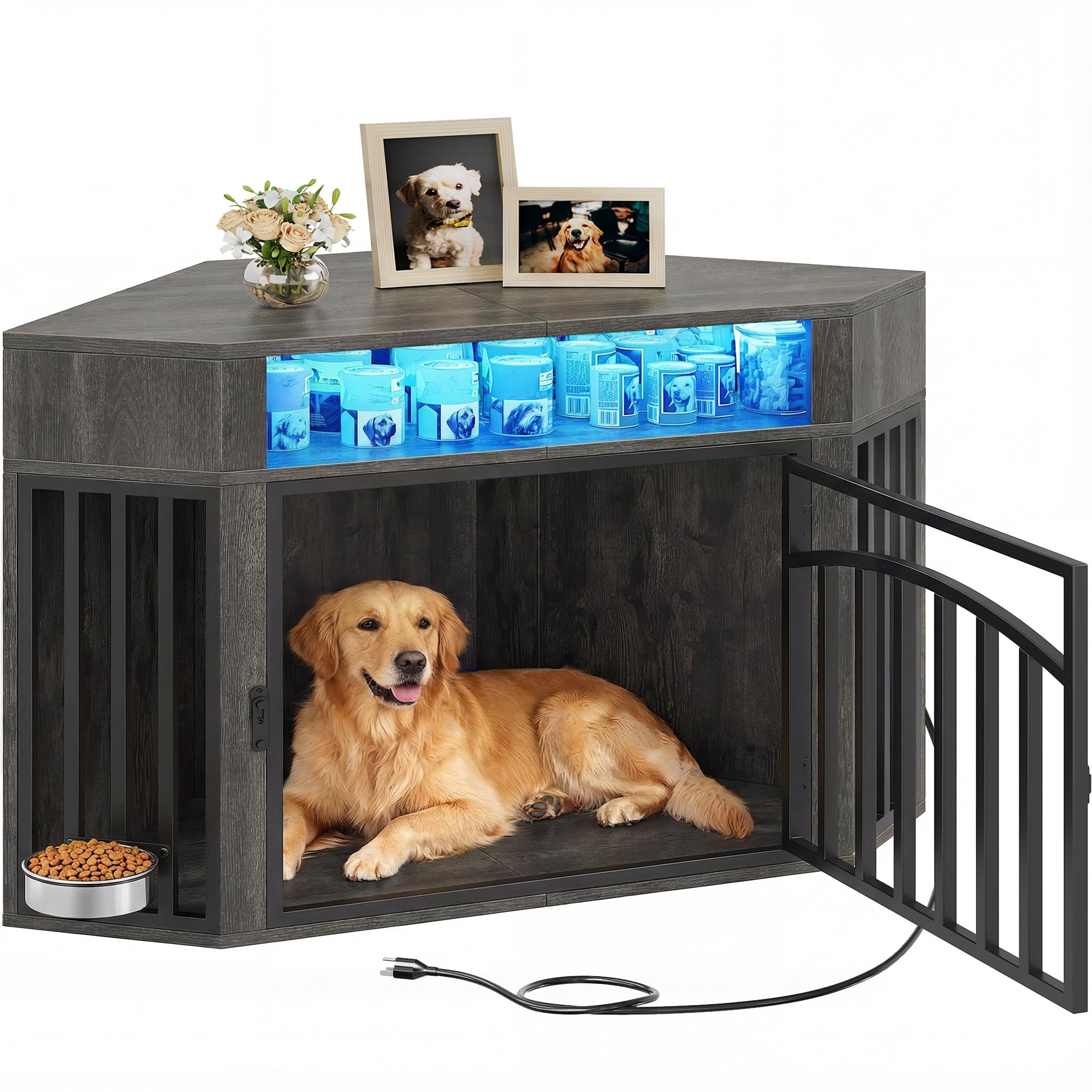 YITAHOME Corner Dog Crate Furniture with LED Light & Power Outlets, 52 Inch Heavy Duty Dogs Kennel with 360° Dog Bowl, Decorative Indoor End Table