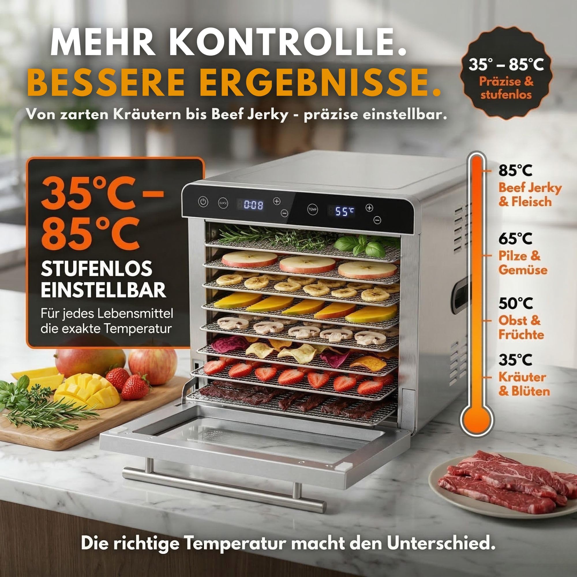 Sommertal Dörrautomat Silence 700 XXL | 8 Edelstahlgitter, 700W, BPA-frei | Food Dehydrator, Timer, LED-Display, Temperatur 35-85°C, Rezeptbuch, Dörrgerät für Obst, Fleisch, Gemüse & Kräuter
