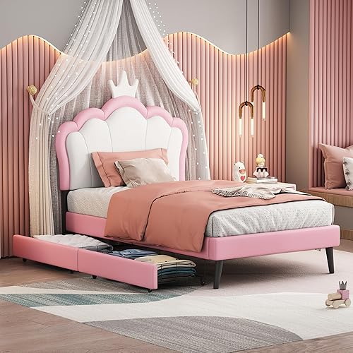 Miniatura 52 de Moderna base de cama de madera maciza de tamaño matrimonial para niños con cabecera en forma de corona, marco de cama tapizado de princesa con luces