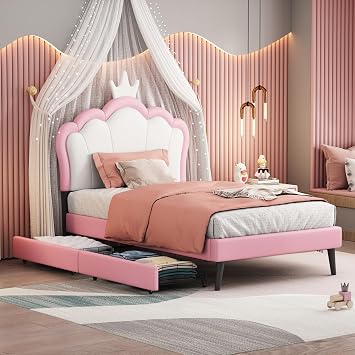 Twin Size Upholstered Princess Bed with Crown Headboard and 2 Drawers,Twin Size Platform Bed with Headboard and Footboard,Suitable for Children, Girls and Teenagers Pink-011, Twin