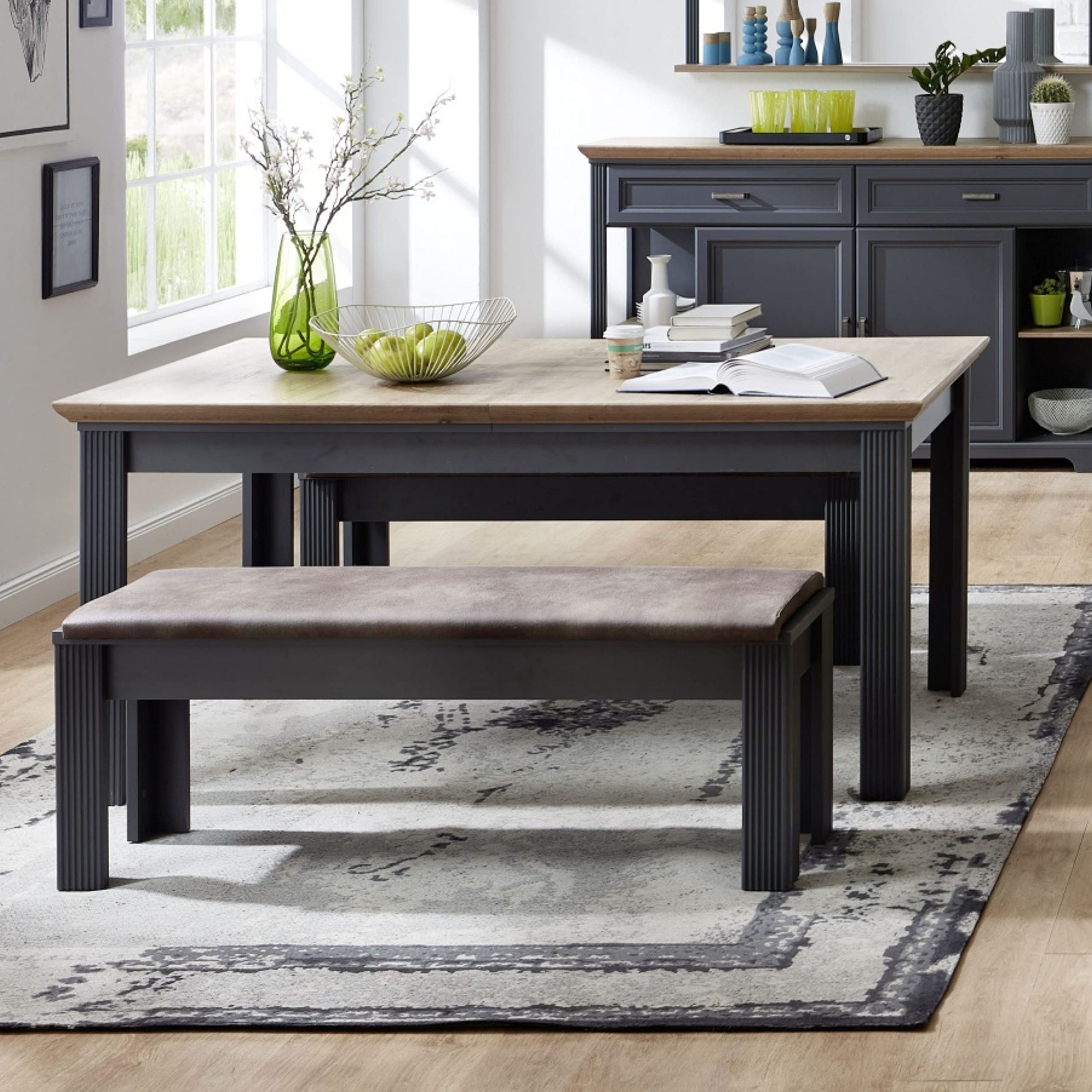Stella Trading, JASMIN, Panca in similpelle, colore marrone, grafite, per soggiorno e sala da pranzo, stile rustico, 126 x 48 x 41 cm (larghezza x altezza x profondità)