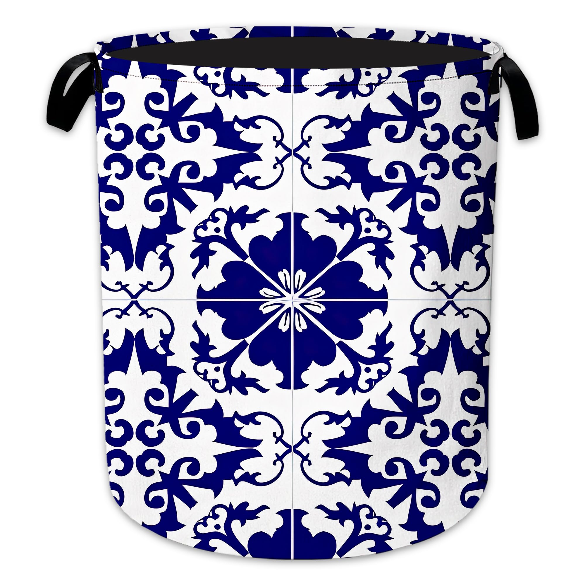 Boho Laundry Basket Oxford Cloth Blue White Tile Laundry Hamper With Handle Foldable Portable Clothes Storage Basket Storage Bag For Laundry Room/Bathroom/Bedroom/Dormitory 20.8"x16"