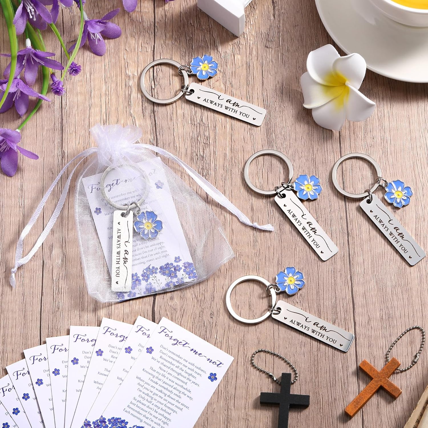 Funeral Favor Forget Me Not Keychain Celebration of Life Favor Poem Card Organza Bag Memorial Gift for Sympathy Guest