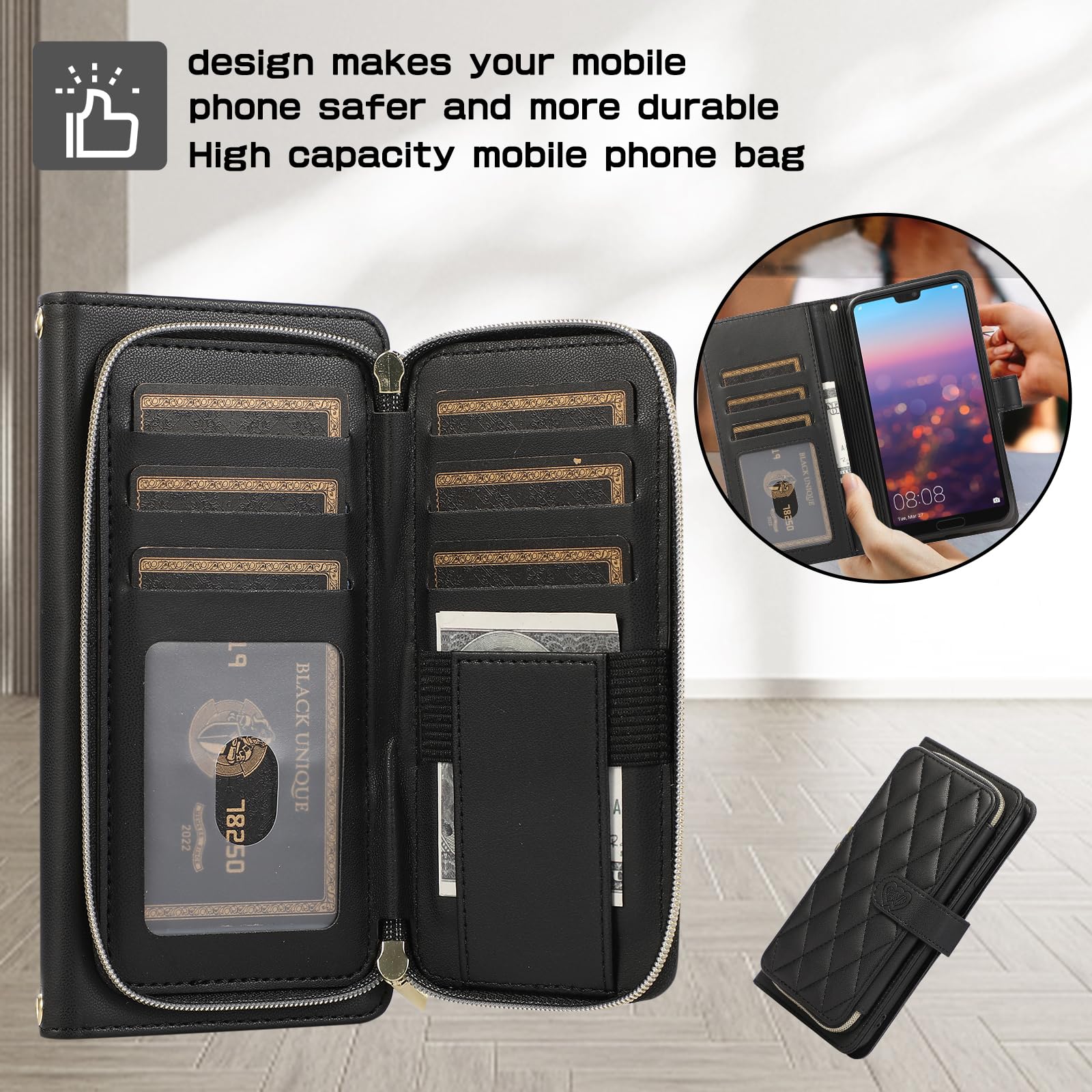 ELISORLI Wallet Case for Huawei P20 Pro with Wrist Strap,Crossbody Shoulder Strap,9 Card Slots Zipper Purse,Luxury PU Leather Stand Cell Accessories Phone Cover for Hawaii P 20Pro 20 P20pro Black - Image 4