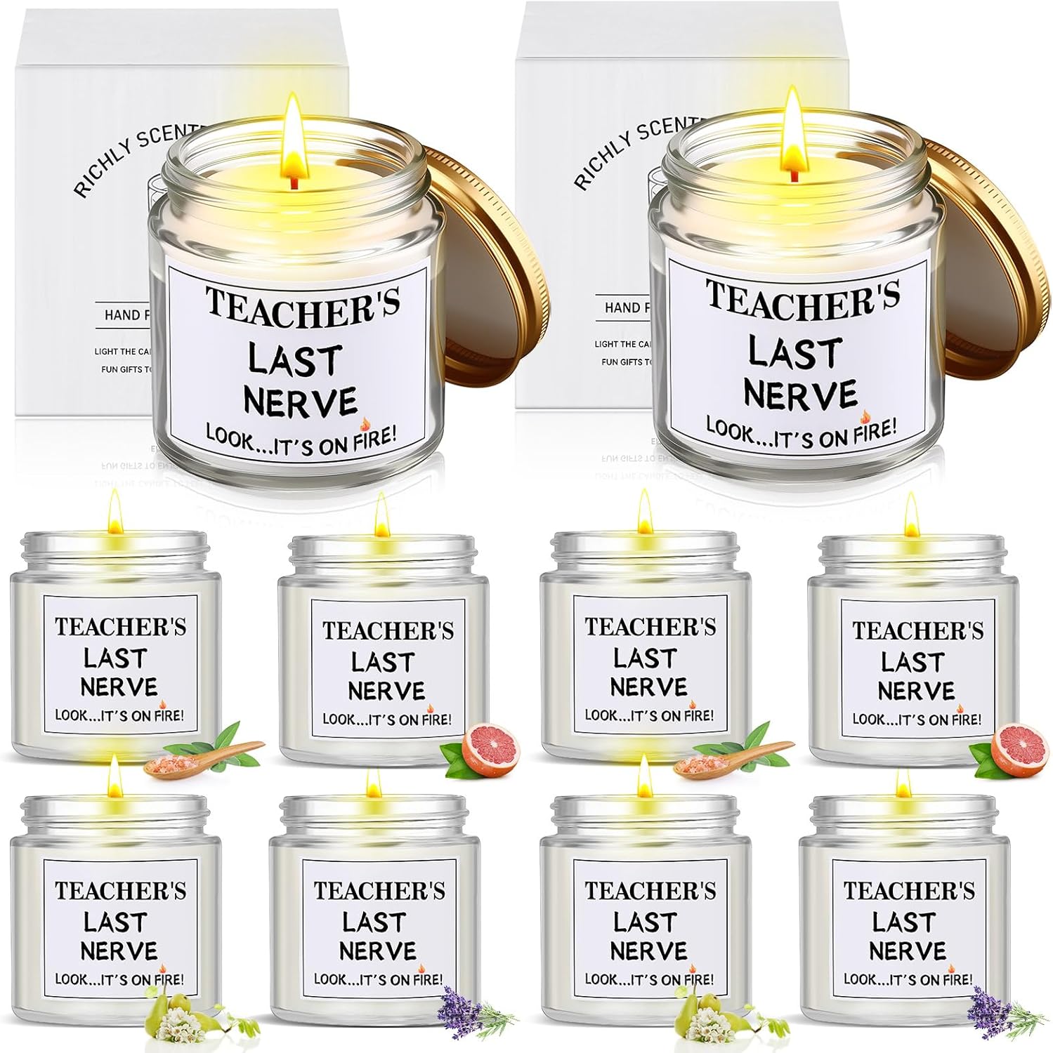 MTLEE 8 Pcs Teacher Appreciation Gifts Candle, Teacher's Last Nerve Scented Candles 3.5 oz Funny Thank You Gifts for Women Birthday Retirement Christmas(White,Teacher)