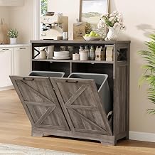 Halitaa 2 * 13 Gallons Tilt Out Trash Can Cabinet with Storage, Farmhouse Kitchen Trash Cabinet, Double Tilt Out Trash Can Cabinet Pet Proof Trash Bin Holder for Kitchen Living Room,Grey