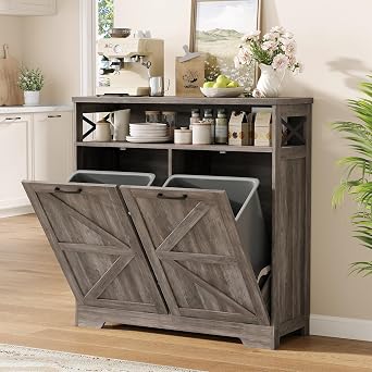 Halitaa 2 * 13 Gallons Tilt Out Trash Can Cabinet with Storage, Farmhouse Kitchen Trash Cabinet, Double Tilt Out Trash Can Cabinet Pet Proof Trash Bin Holder for Kitchen Living Room,Grey