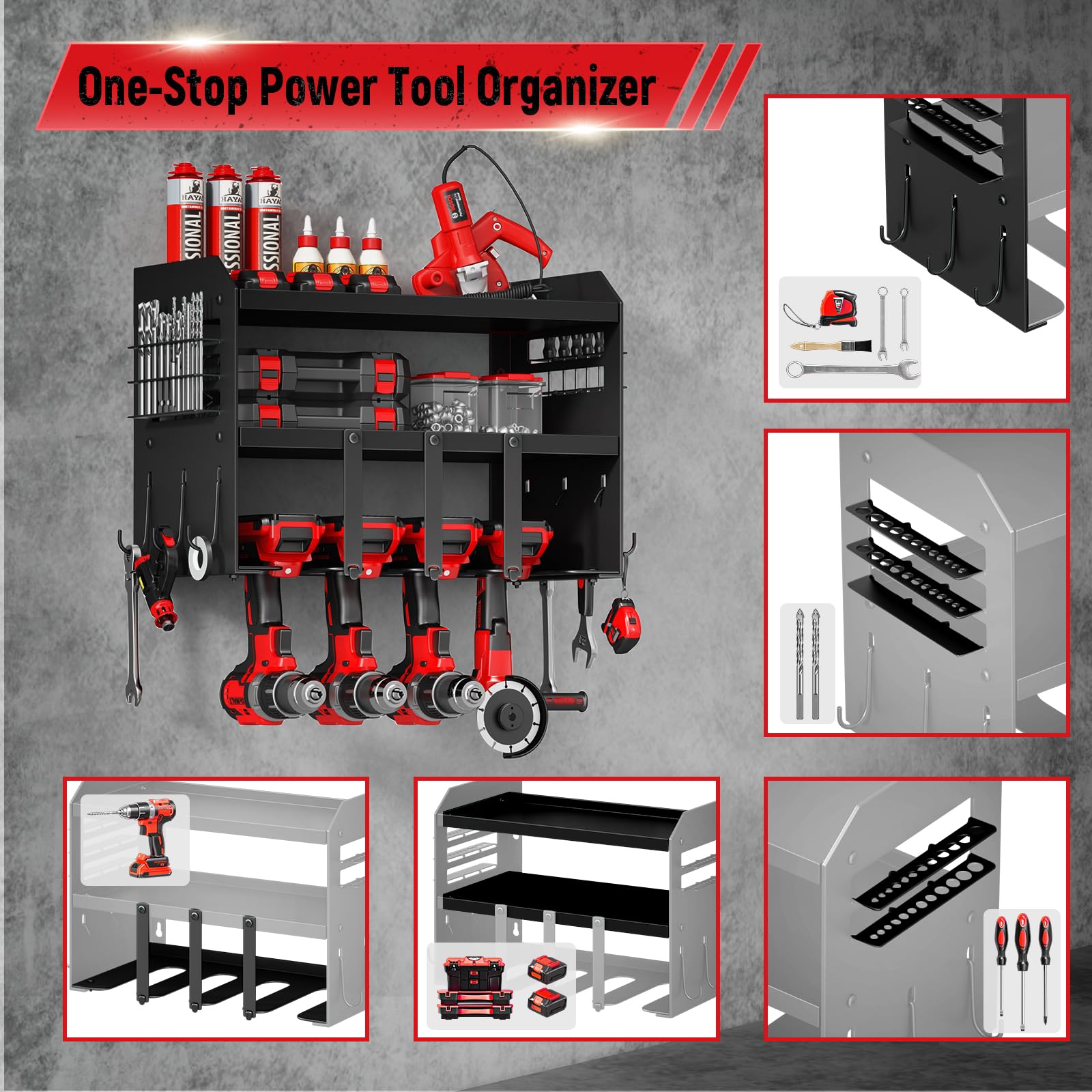 Organizador de herramientas eléctricas, soporte de pared: soporte de organización de almacenamiento resistente, inalámbrico, organizador de garaje grande de 3 capas con soporte para taladro, ganchos