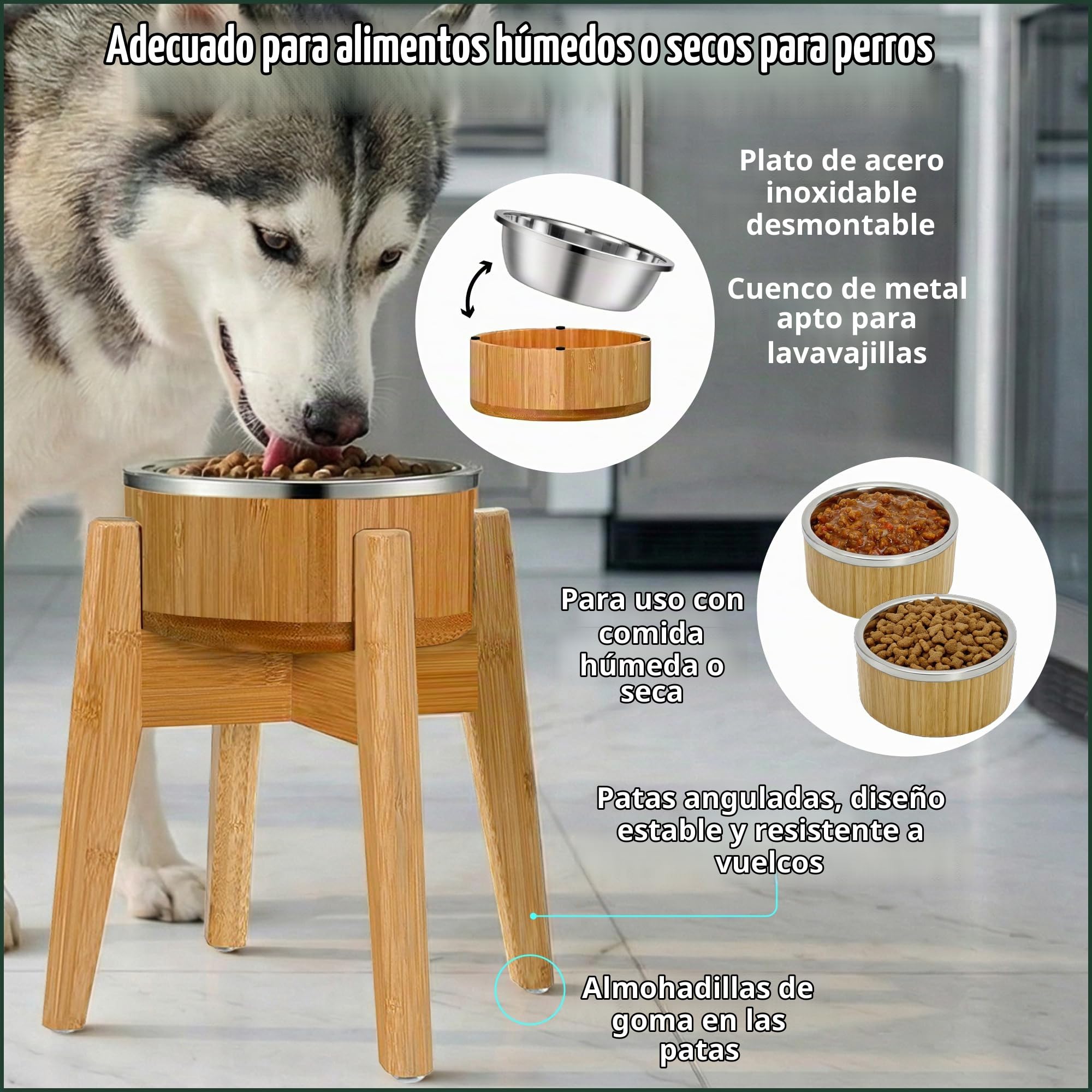 Cuenco Elevado de bambú para Perros Grandes, Juego de Plato, Forro y Soporte de Acero Inoxidable, estación de alimentación Individual elevada para Mascotas, sin vuelcos