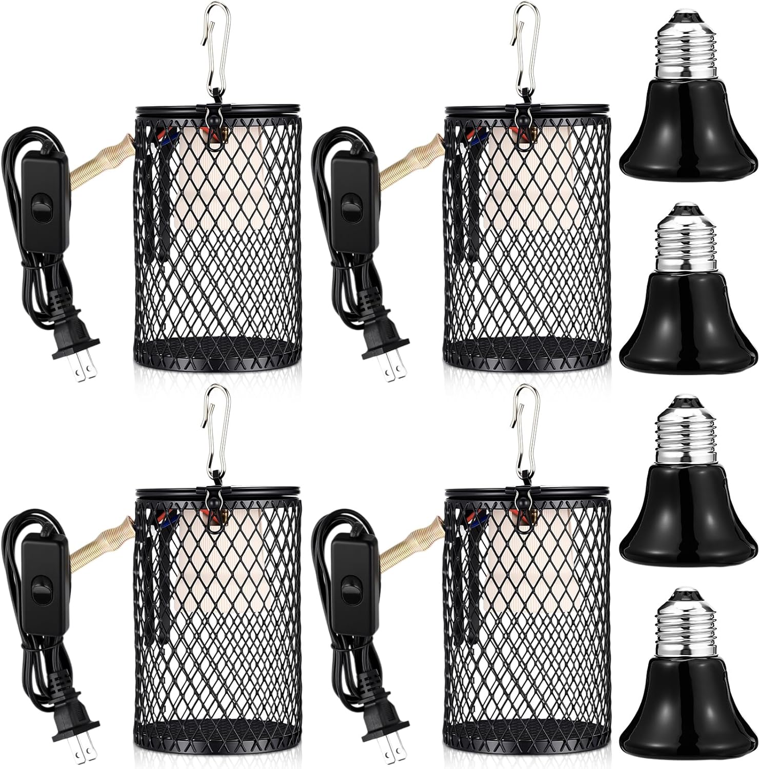 Retisee 4 Pcs Reptile Heat Lamp with Guard Bird Cage Heater 100w Ceramic Bulb Anti-scalding Heat Lamp Holder Bulb Short Grid Cage with Anti-bite Hook and Power Switch for Parrot Lizards Snakes Chicks
