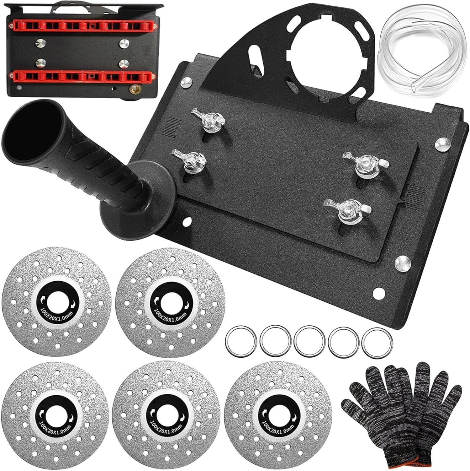 45 Degree Tile Chamfering Tool, Angle Grinder Stand with 5 PCS Grinding Disc Wheel Cutting Blades Gloves Chamfer Cutter Holder Attachments Adjustable 45° Beveling Bracket Device Accessories