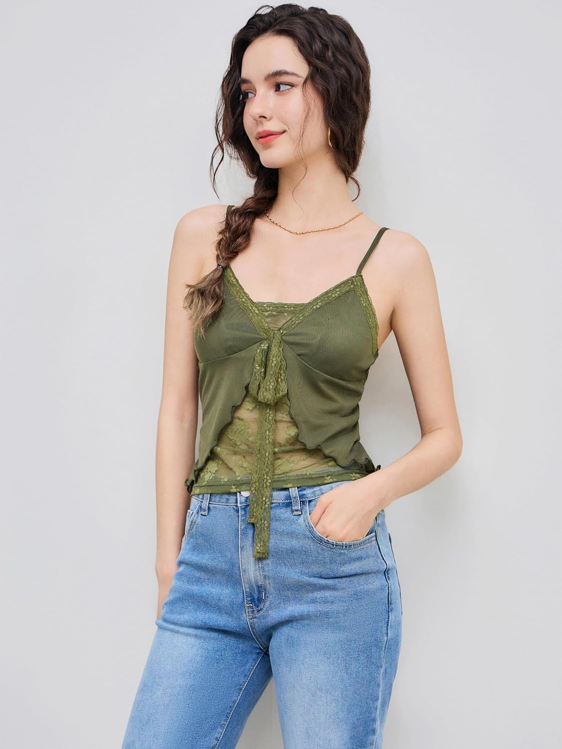 CIDER Tank Top Lace Trim Cami Y2K V Neck Sleeveless Knotted Going Out Top Lace Strap - Image 3