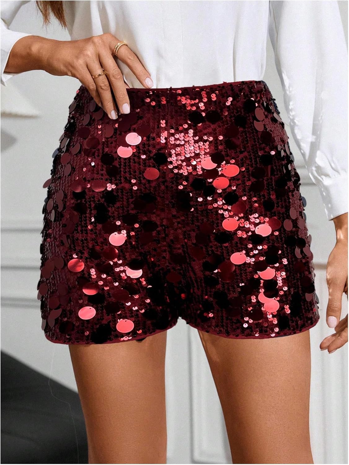 Floerns Women's Contrast Sequin Elastic Waist Sparkly Party Mini Shorts - Image 2
