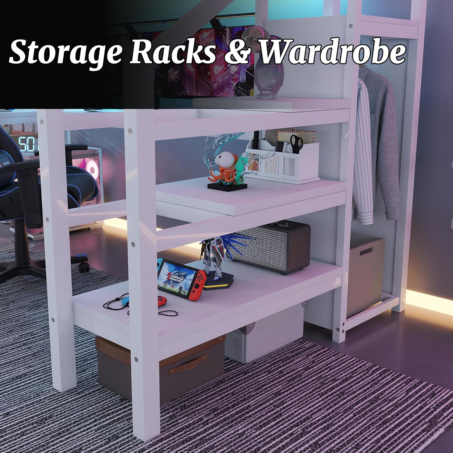 Full Size Loft Bed with Desk and Stairs, Metal Loft Bed Full Size with Wardrobe and LED Light, Built-in Charging Station, Loft Full Size Bed for Adults Kids Teens, White