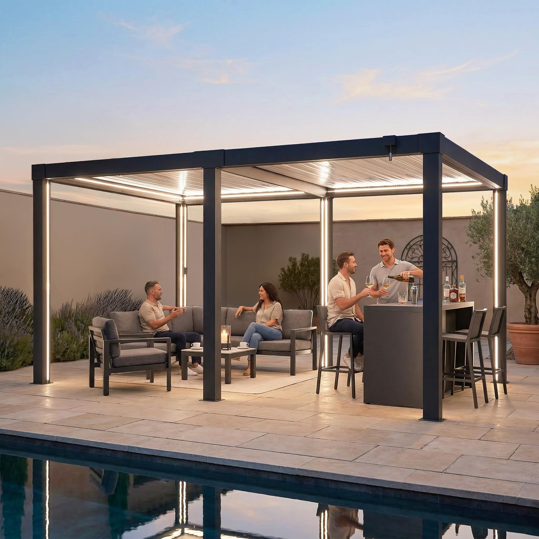 SUNJOY Pergola Ogrodowa 3x4m, Aluminiowa Altana Lamelowa Całoroczna, Ruchomy Dach z Regulacją Kąta, Solidny Pawilon Tarasowy, Antracyt