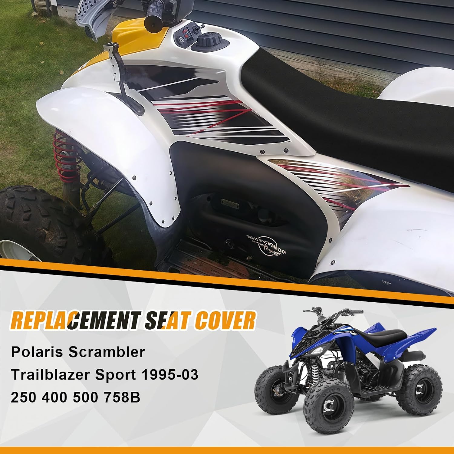 Seat Cover Compatible with 1995-2003 Polaris Scrambler Trailblazer Sport 250 400 500 758B, Heavy Duty Leather ATV Seat Cover Replacement, Black