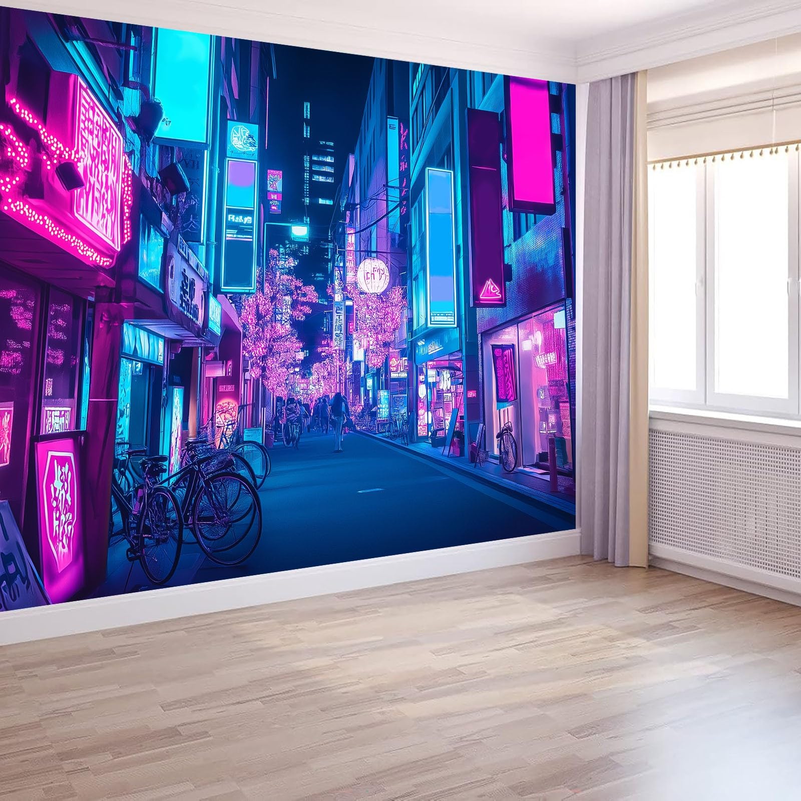 Générique Papier Peint 3D Panoramique Ville Néon Vue de Nuit Intissé Murale Tapisserie pour Salon Chambre Enfant Restaurant Couloir TV Fond Décor Mural 300 x 210 cm