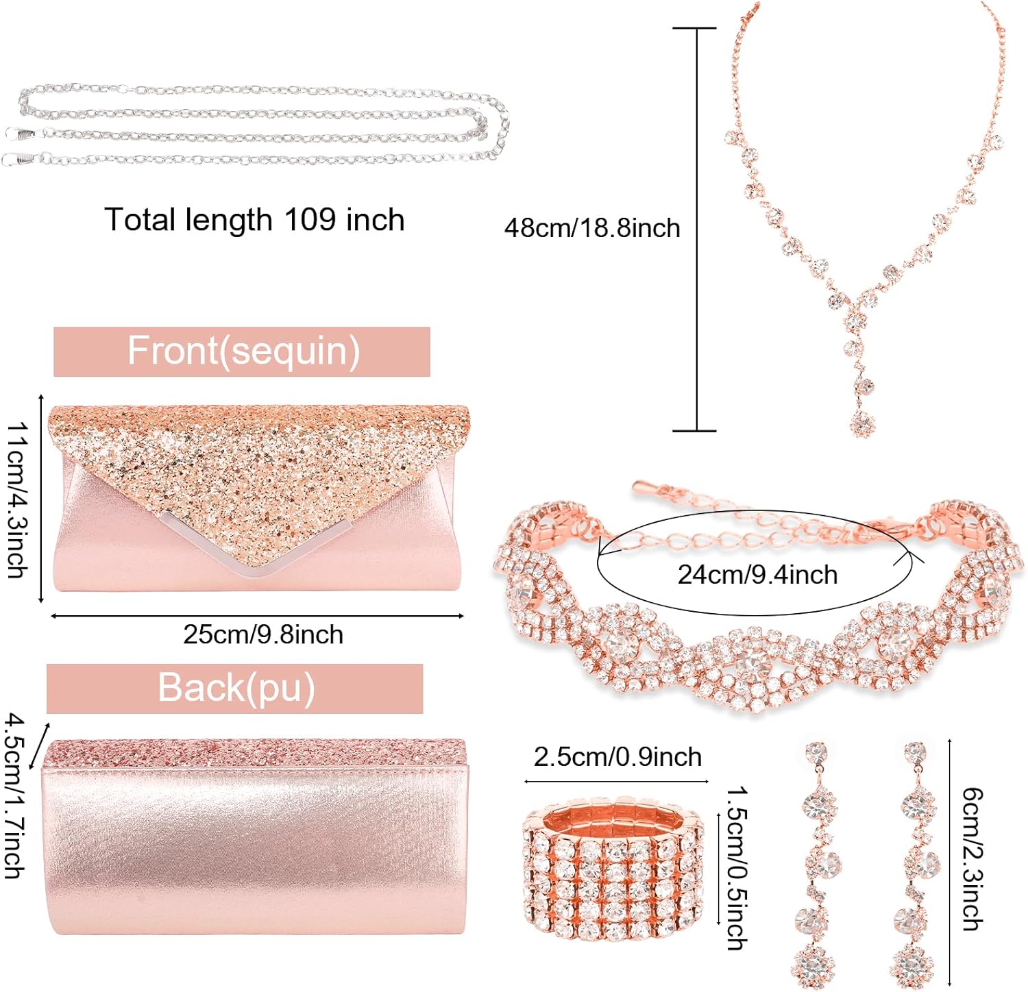 Wecoe 5pcs/set Jewelry Purse Set For Women Handbags Clutch Rhinestone Diamond Necklaces Bracelets Earrings Ring Set Wedding Bridal Prom Homecoming Costume Jewelry Formal Evening Bag Accessories - Image 5