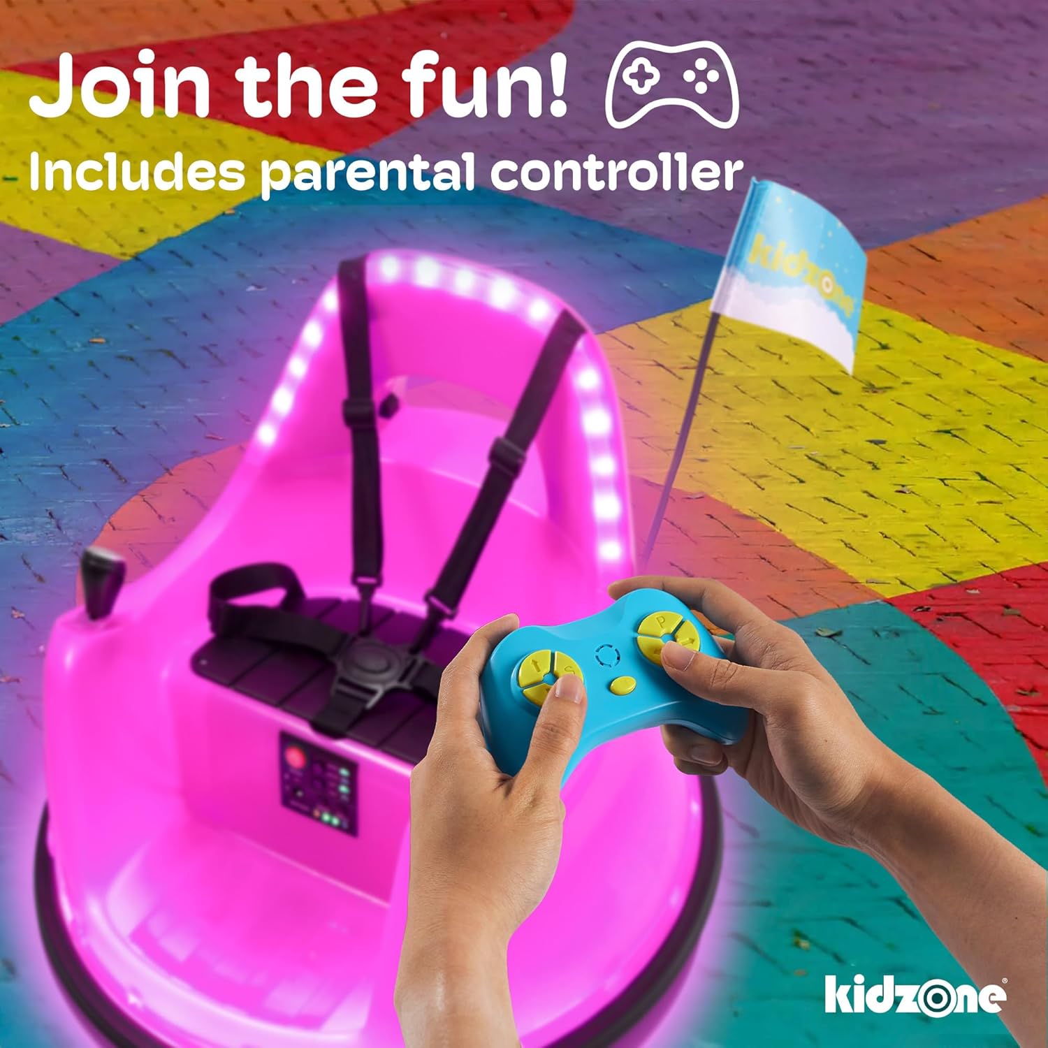 Kidzone Upgraded Smart Bumper Car for Toddler & Kids 1.5-6 Years Old, 12V 2-Speeds Electric Ride On Bumping Toy W/Remote&APP Control, LED Lights, Bluetooth, 360°Spin, DIY Sticker&360° LED Glow, Pink