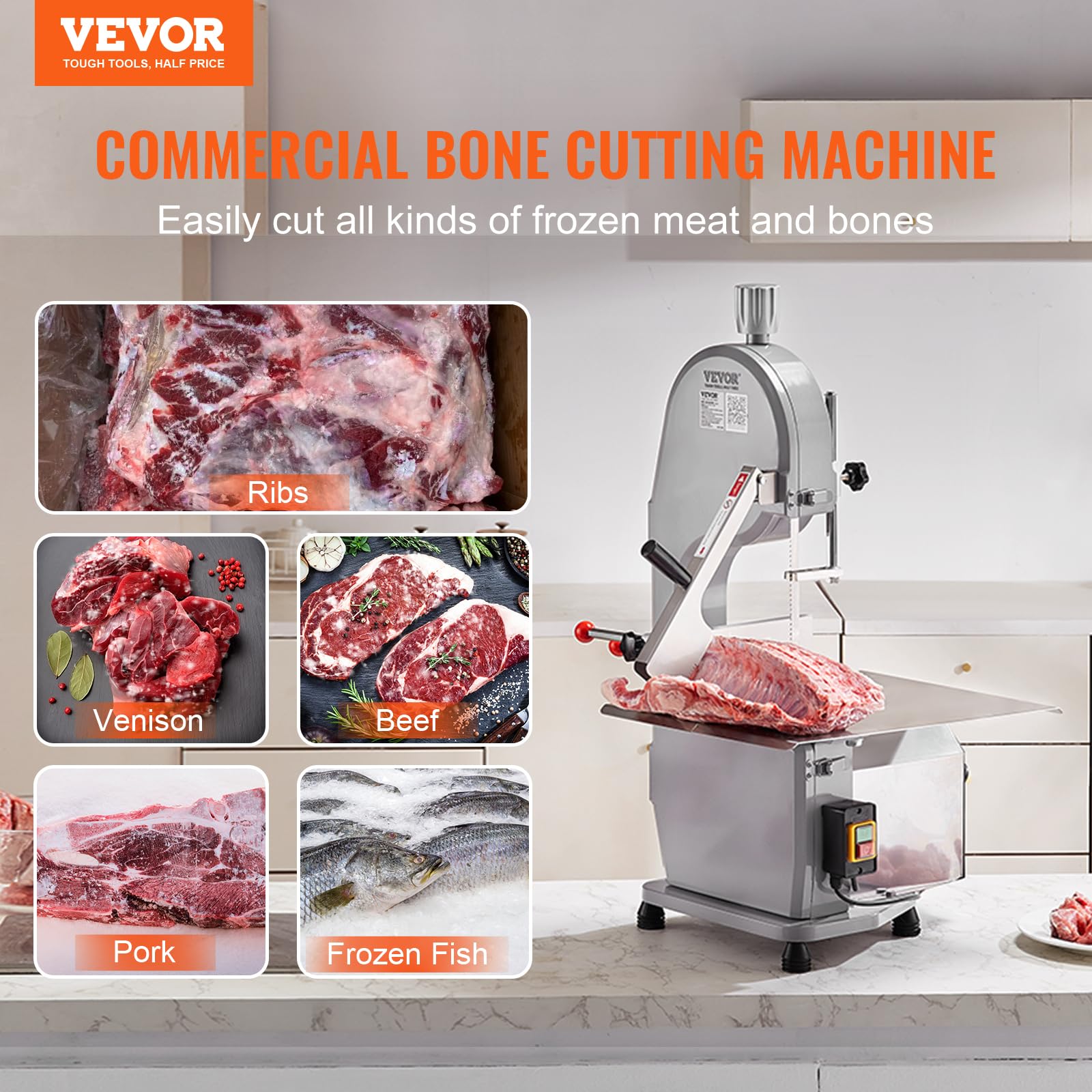 Commercial Electric Meat Bandsaw, 1100W Stainless Steel Countertop Bone Sawing Machine, Workbeach 19.3