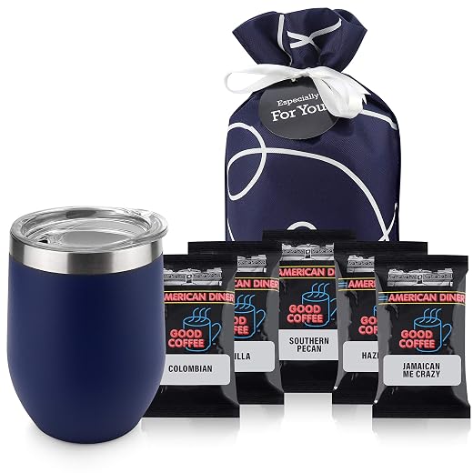 Coffee Gift Basket - Coffee Gifts Set Includes Double Insulated Coffee Cup and Full Pot Ground Coffee Sampler Gift Set of 5 Special Blend Coffees Presented in Beautiful Gift Bag