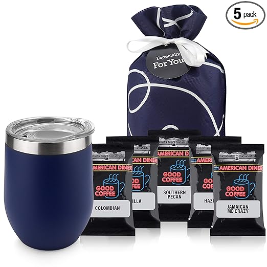Coffee Lovers Gifts Basket - Gift Sets Include Temperature Retention Insulated Cup and 5 Special Blend Full Pot Ground-Coffee Samplers Presented in Beautiful Gift Bag For Women & Men