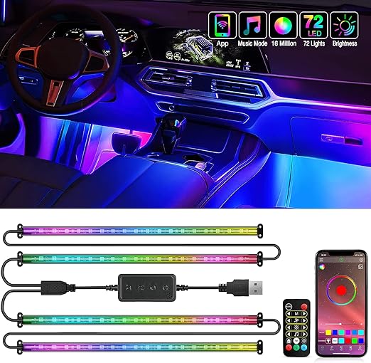 Nilight 72 LED USB Interior Strip Lights Dream Color RGB-IC 12V DC with App RF Remote Control Multicolor Footwell Under Dash Chasing Inside Light Kits 2 Lines Music Sync Mode for Cars Truck ATV UTV