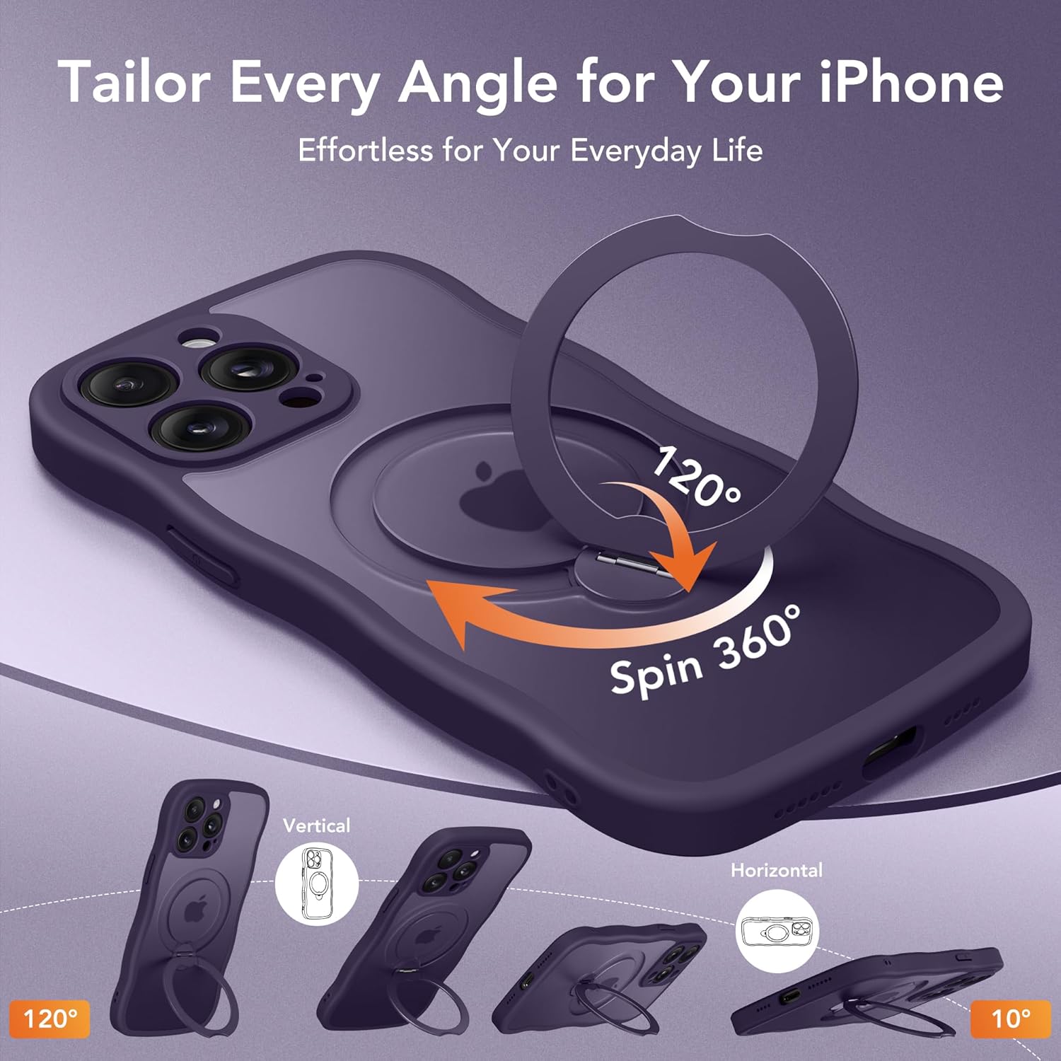 GolbinBox for iPhone 15 Pro Max Case,[Compatible with Magsafe][360°Magnetic Stand][Cute Wave Edge][18ft Military-Grade Protection] Translucent Matte Women Phone Cover for iPhone 15 Promax,Dark Purple - Image 4