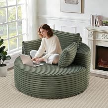 50 Oversized Round Chaise Longue Chair, Upholstered Corduroy Single Cloud Circle Sofa Chair Comfy Deep Seat Boneless Couch Bed No Assembly Required for Living Room, Bedroom Apartment, Green