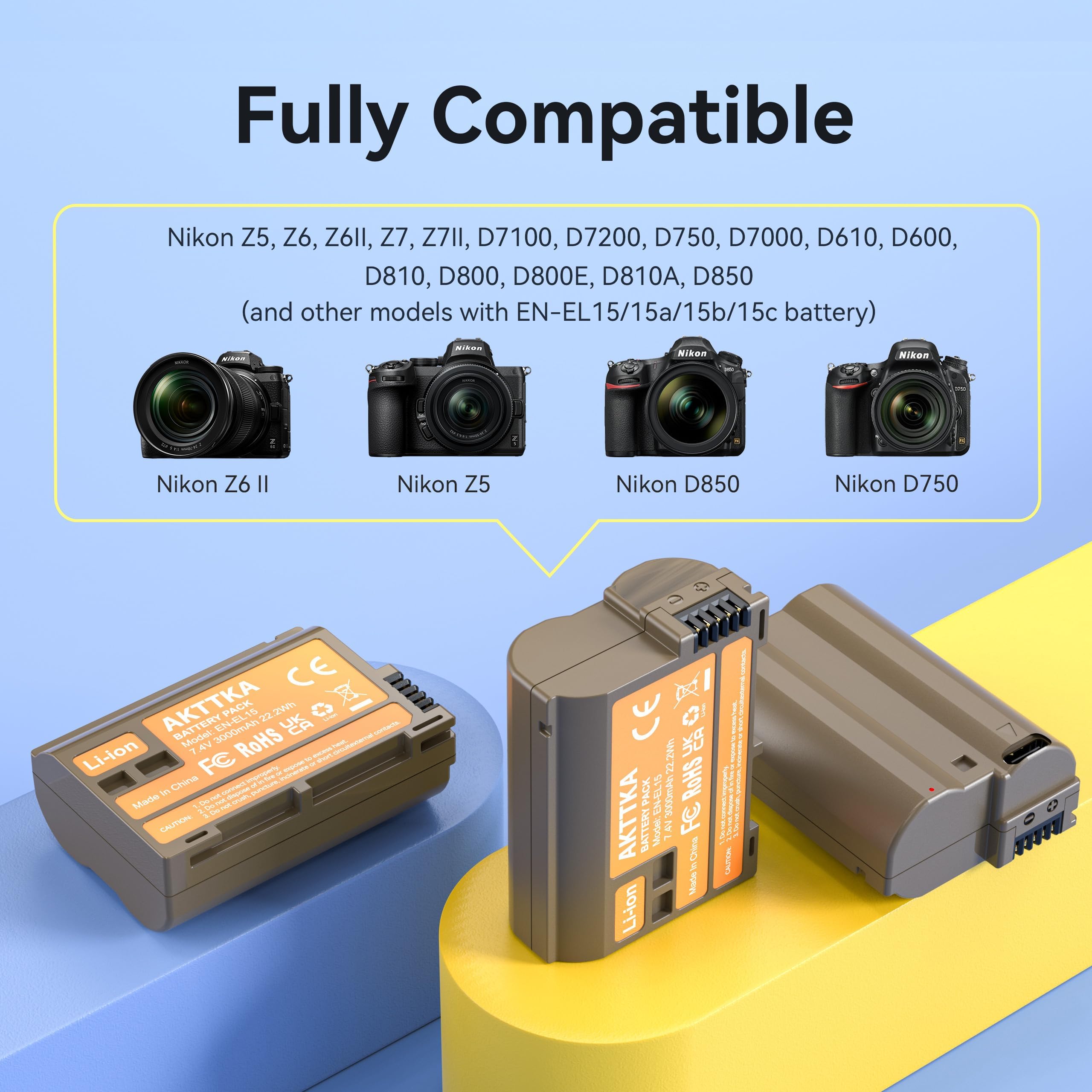 EN-EL15C Akkus 3000mAh (3er-Pack) mit direkter USB-C-Aufladung – Kompatibel mit Nikon EN-EL15/EL15C, Z8, Z7, Z6, Z5, Z6II, Z7II, Z6III, D7500, D7200, D750, D850, D780, D7000, D610, D600, D500