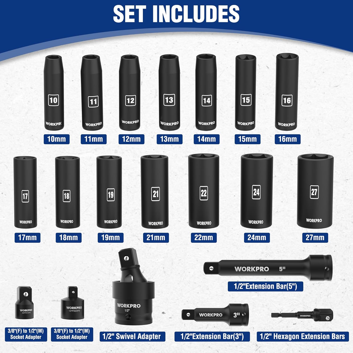 WORKPRO 20-Piece 1/2＂ Drive Deep Impact Socket Set, 6-Point, Cr-V Steel, 10-27mm, Universal Joint, Adapter and Extension Bar, Metric - Image 2