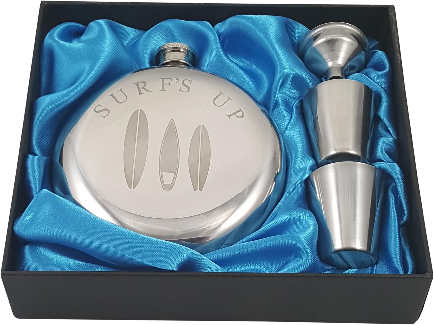 Surf's Up Flask Gift Set - Beach Flask Gift Set Engraved with Decorative Surfboards