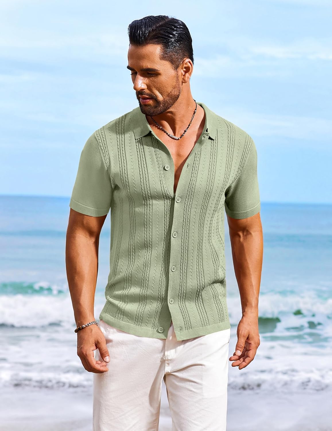 COOFANDY Men's Knit Shirts Short Sleeve Casual Button Down Polo Shirt Summer Beach Vacation Shirts