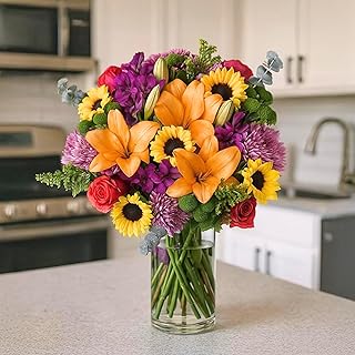 BloomsyBox – Bright Moments (Glass Vase Included) – Fresh Flowers for De...