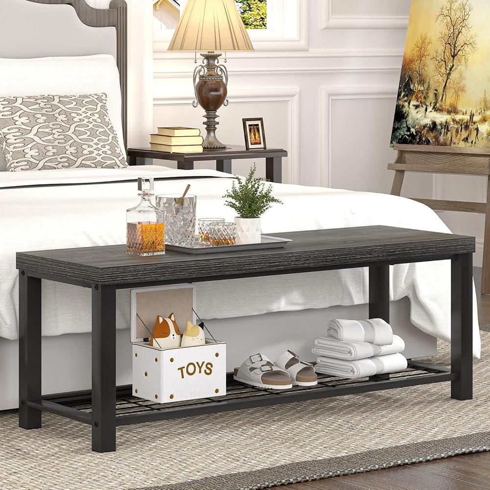 FOLUBAN Shoe Storage Bench, Modern Entryway Bench with Metal Shelf, Industrial Indoor Shoe Bench Seat for Bedroom, Hallway, Living Room, Dark Gray, 47 Inch