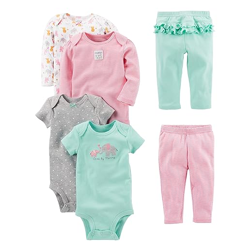 Simple Joys by Carter's Baby Girls' 6-Piece Bodysuits (Short and Long Sleeve) and Pants Set, Aqua Green Elephant/Grey Dots/Pink Stripe/White Forest Animals, 3-6 Months