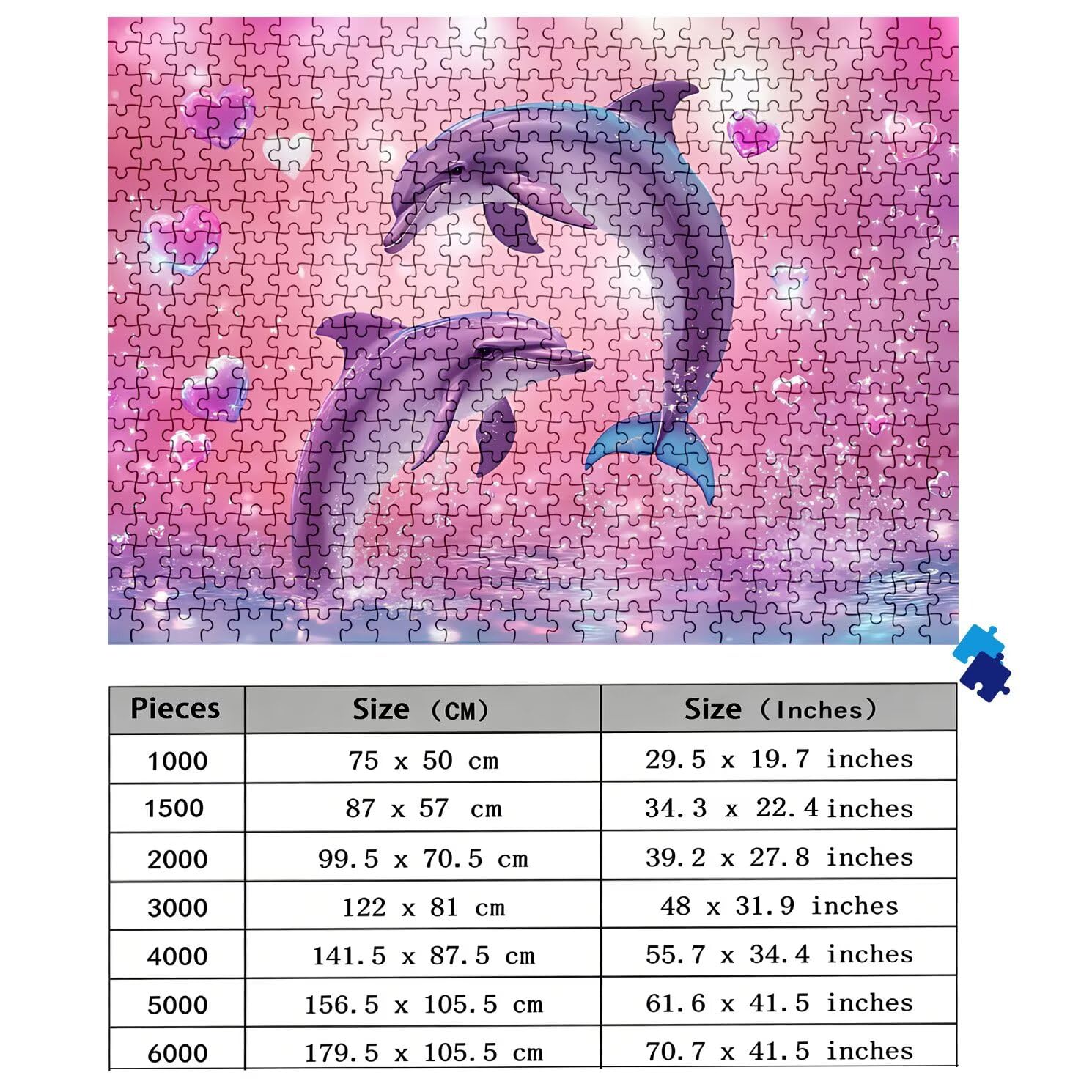Puzzle 1000 elementów, drewniane puzzle dla dorosłych, delfin, różowe, imponujące, klasyczne puzzle 75 x 50 cm, gra rodzinna, redukcja stresu, gra myśląca, dla miłośników puzzli, w0-243