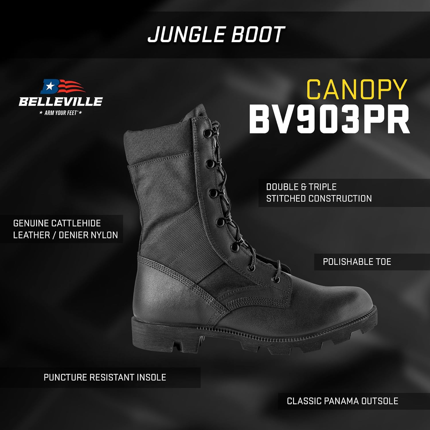 Belleville Men's 8" Canopy Jungle Boot - Breathable Tactical Boots - Shock-Absorbing Military Footwear - Panama Outsole Shoes - Full-Grain Cattlehide Leather - Soft-Toe Style - Low Heel Construction - Image 5