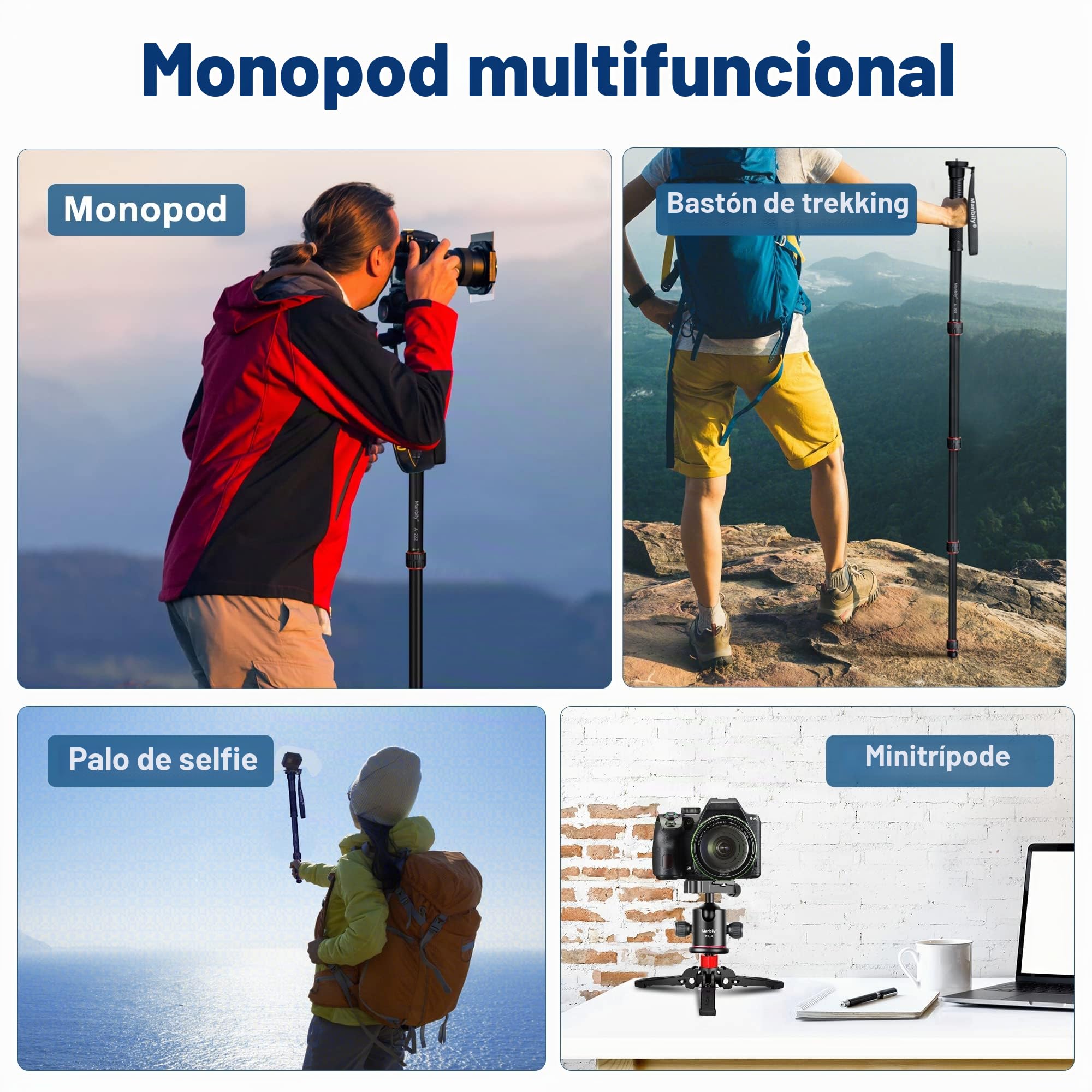Manbily Monopié Extensible de Aluminio con Patas, Portátil de Viaje y Base de Trípode Desmontable para DSLR Cámara Canon Sony Nikon con Clip de Móvil, 5 Secciones 170cm, Carga Máxima de 7KG (A-222)